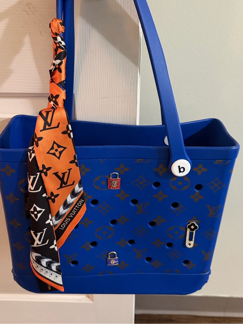 Blue Tote with Orange Scarf Accent